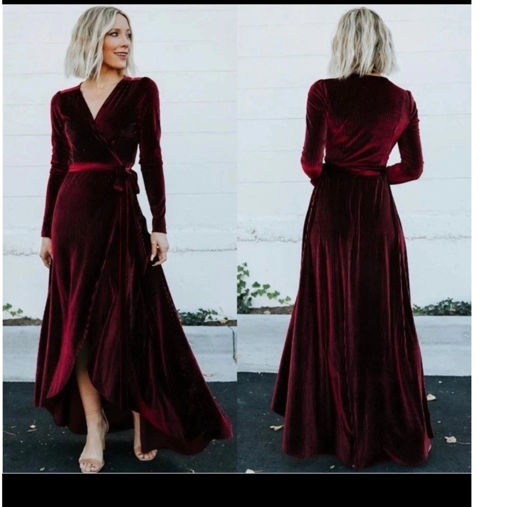 Baltic Born Jada Ribbed Velvet Wrap Maxi Dress Long Sleeve Wine Red M NWT